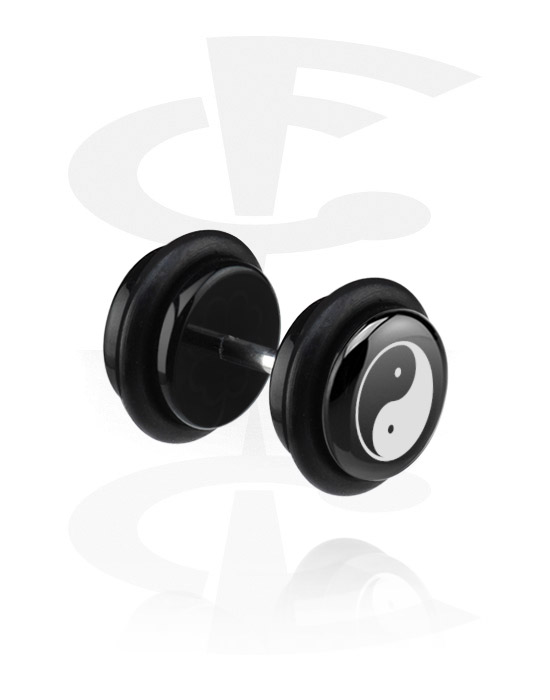 Fake Piercings, Black Fake Plug with Yin-Yang design, Acrylic, Surgical Steel 316L