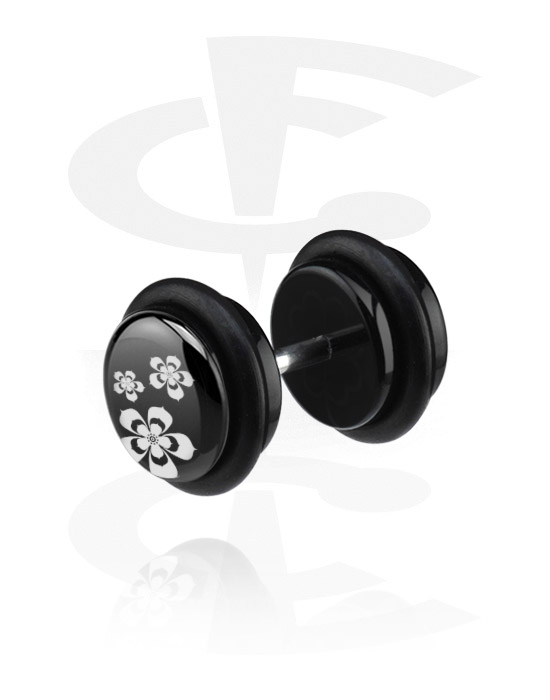 Fake Piercings, Black Fake Plug with flower design, Acrylic, Surgical Steel 316L