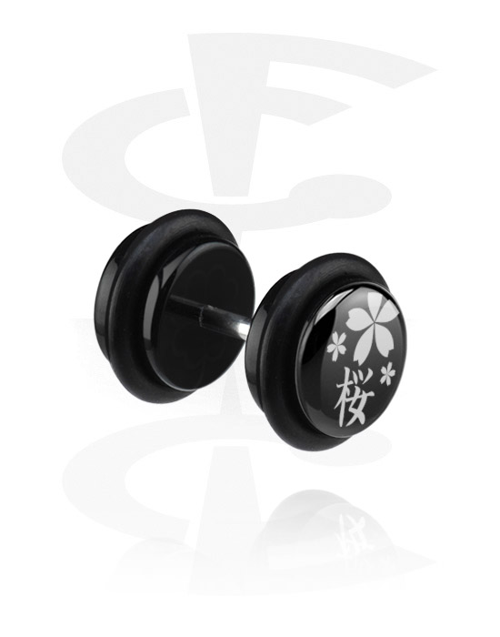 Piercings falsos, Falso plug negro con diseño de Flor, Acrílico, Acero quirúrgico 316L