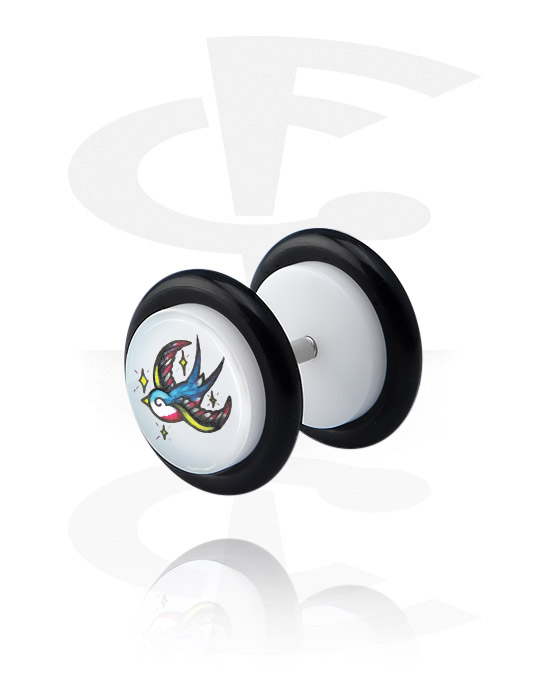 Fake Piercings, Weißer Fake Plug mit Vogel-Design, Acryl, Chirurgenstahl 316L