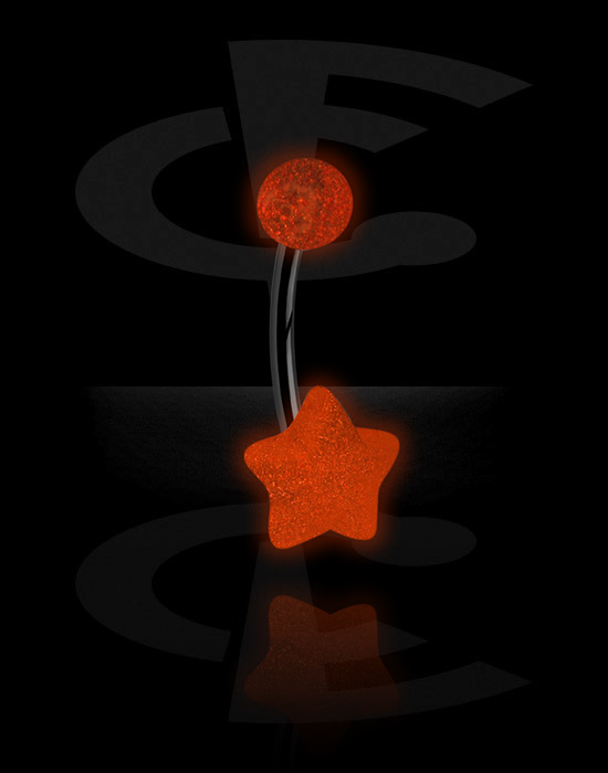 Zahnuté činky, Krúžok do pupku (chirurgická oceľ, strieborná, lesklý povrch) s koncovkou hviezda „Žiariace v tme“, Chirurgická oceľ 316L