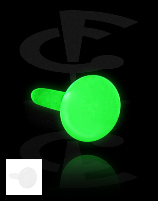 Palloja, nappeja ynnä muuta, "Glow in the Dark"-levy sisäkierteiseen Bioflex-labret-koruun, Bioflex
