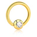 Piercing Rings, Ball closure ring (surgical steel, gold, shiny finish) with crystal stone, Gold Plated Surgical Steel 316L