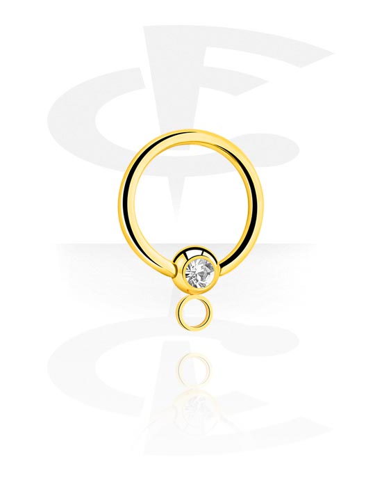 Boules, barres & plus, Ball closure ring (acier chirurgical, or, finition brillante) avec pierre en cristal et anneau pour accessoires, Acier chirugical 316L ,  Plaqué or