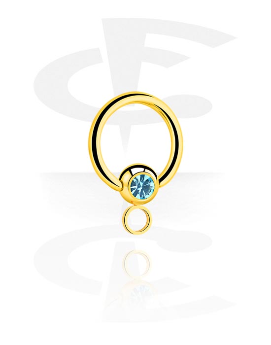 Balls, Pins & More, Ball closure ring (surgical steel, gold, shiny finish) with crystal stone and hoop for attachments, Gold Plated Surgical Steel 316L