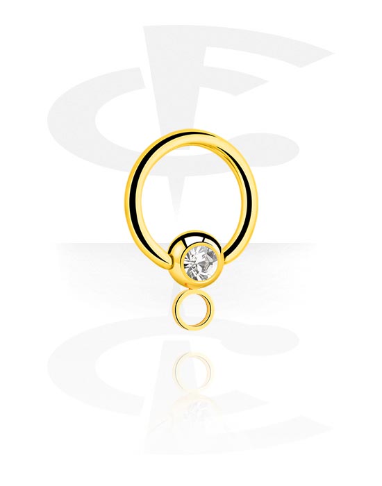 Bolas, barras & mais, Ball closure ring (aço cirúrgico, ouro, brilhante) com pedra de cristal e aro para acessórios, Aço cirúrgico 316L banhado a ouro