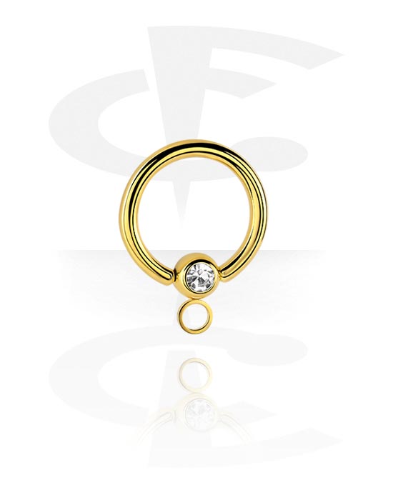 Kulor, stavar & mer, Ball closure ring (surgical steel, gold, shiny finish) med kristallsten och hoop for attachments, Förgyllt kirurgiskt stål 316L