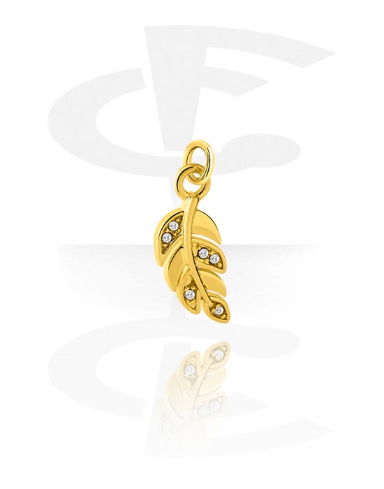 Boules, barres & plus, Pendentif (laiton plaqué, or) avec motif feuille et pierres en cristal, Laiton plaqué or