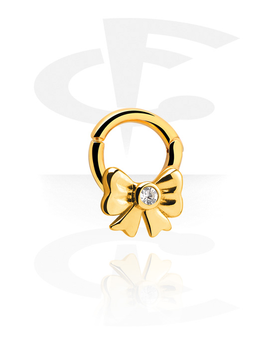 Piercing Rings, Piercing clicker (surgical steel, gold, shiny finish) with bow and crystal stone, Gold Plated Surgical Steel 316L