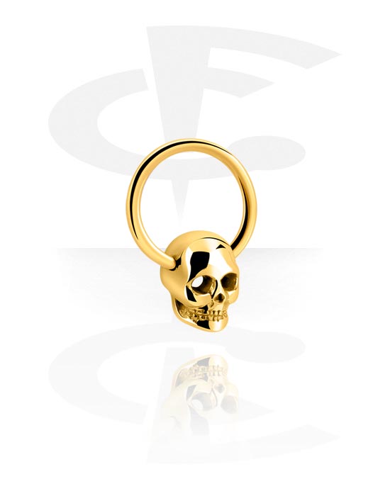 Anéis piercing, Ball closure ring (aço cirúrgico, prata, acabamento brilhante) com acessório caveira, Aço cirúrgico 316L banhado a ouro