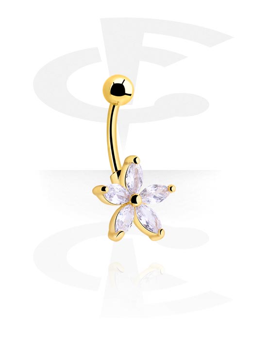 Curved Barbells, Belly button ring (surgical steel, gold, shiny finish) with flower attachment and crystal stones, Gold Plated Surgical Steel 316L