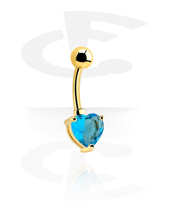 Zahnuté činky, Kroužek do pupíku (chirurgická ocel, zlatá, lesklý povrch) s designem srdce a krystalovým kamínkem, Pozlacená chirurgická ocel 316L