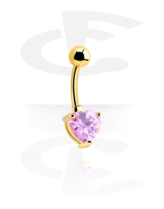 Zaobljene šipkice, Prsten za pupak (kirurški čelik, zlatna, sjajna završna obrada) s dizajnom srca i kristalnim kamenom, Pozlaćeni kirurški čelik 316L