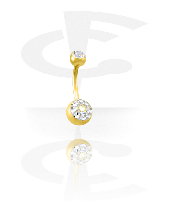 Curved Barbells, Gold Plated Crystaline Double Jeweled Navel Banana, Gold Plated