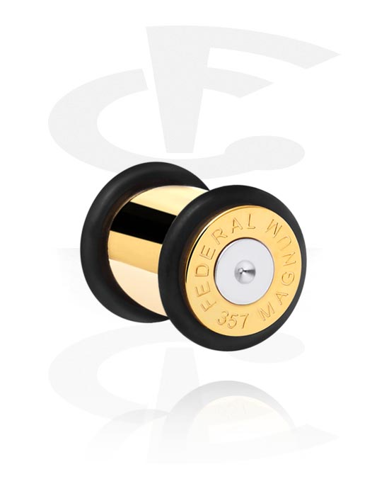 Tunnel & Plug, Plug (acciaio chirurgico, oro, finitura lucida) con design proiettile e o-rings, Acciaio chirurgico 316L con placcatura in oro