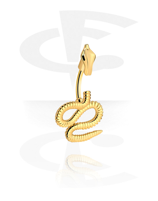 Zahnuté činky, Kroužek do pupíku (chirurgická ocel, zlatá, lesklý povrch) s designem had, Pozlacená chirurgická ocel 316L