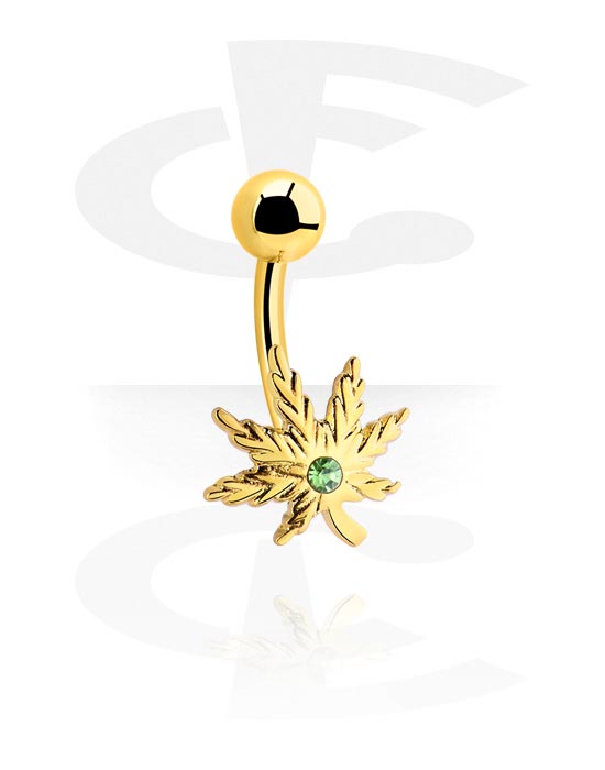 Ívelt barbellek, Belly button ring (surgical steel, gold, shiny finish) val vel Marijuana leaf és Kristálykő, Aranyozott sebészeti acél, 316L