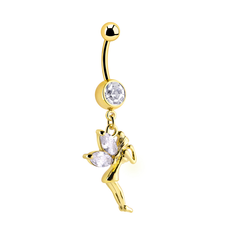 Piercing pour le nombril (acier chirurgical, or, finition brillante) avec pendentif fée et pierres en cristal Acier chirugical 316L / Plaqué or Bananes