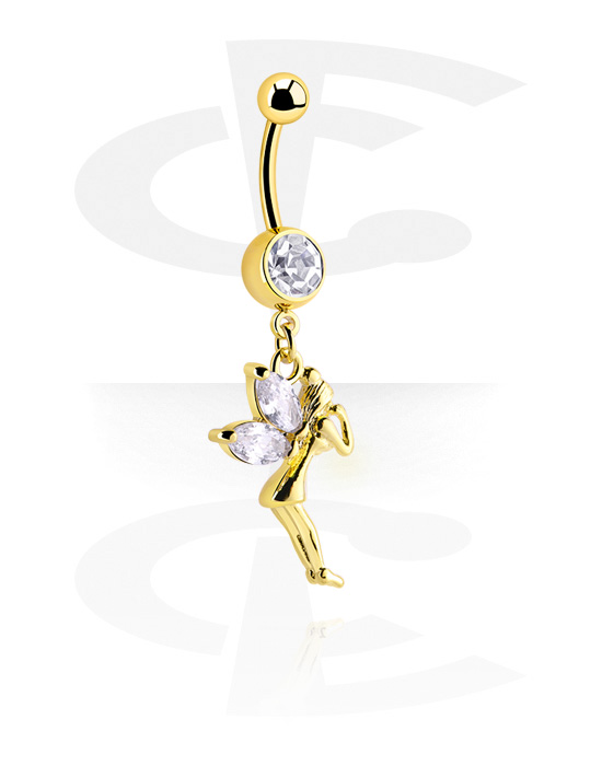 Curved Barbells, Belly button ring (surgical steel, gold, shiny finish) with fairy charm and crystal stones, Gold Plated Surgical Steel 316L