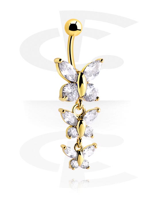 Zaobljene šipkice, Prsten za pupak (kirurški čelik, zlatna, sjajna završna obrada) s dizajnom leptira i kristalnim kamenjem, Pozlaćeni kirurški čelik 316L
