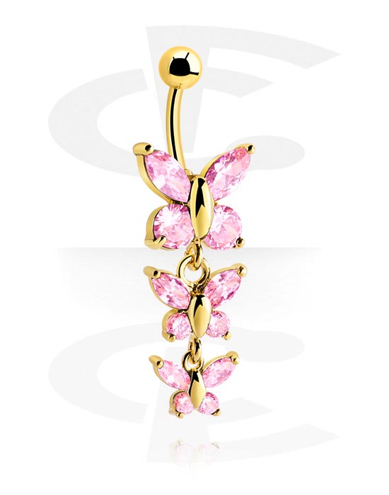 Curved Barbells, Belly button ring (surgical steel, gold, shiny finish) with butterfly design and crystal stones, Gold Plated Surgical Steel 316L