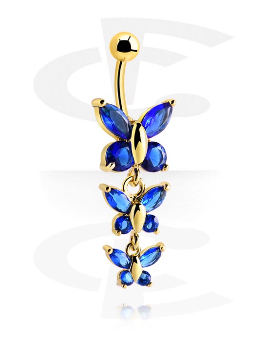 Curved Barbells, Belly button ring (surgical steel, gold, shiny finish) with butterfly design and crystal stones, Gold Plated Surgical Steel 316L