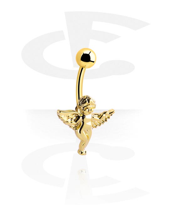 Zaobljene šipkice, Prsten za pupak (kirurški čelik, zlatna, sjajna završna obrada) s dizajnom anđela, Pozlaćeni kirurški čelik 316L
