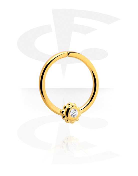 Anéis piercing, Continuous ring (aço cirúrgico, ouro, acabamento brilhante) com pedra de cristal, Aço cirúrgico 316L banhado a ouro