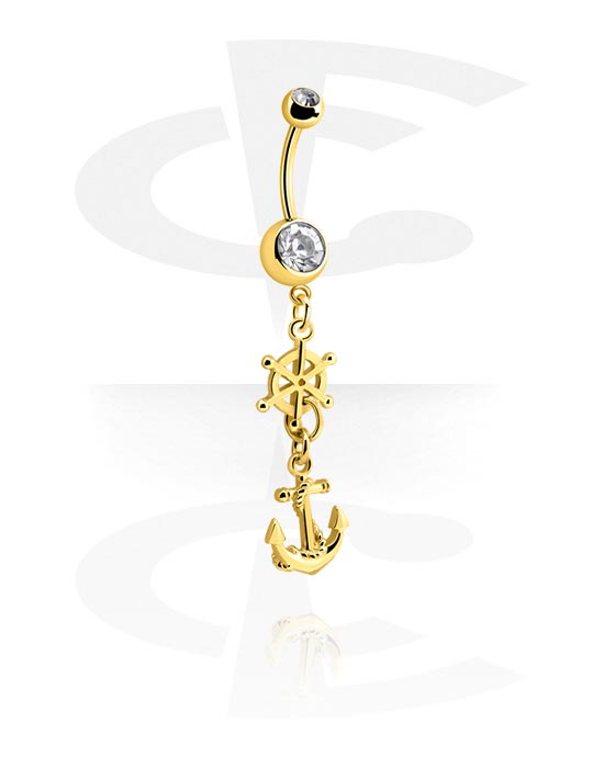 Curved Barbells, Belly button ring (surgical steel, gold, shiny finish) with anchor charm and crystal stones, Gold Plated Surgical Steel 316L