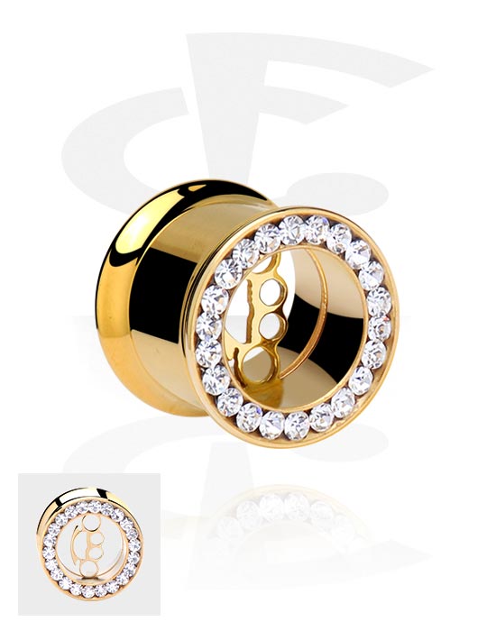 Tunnels & Plugs, Double flared tunnel (surgical steel, gold, shiny finish) with brass knuckles design and crystal stones, Gold Plated Surgical Steel 316L