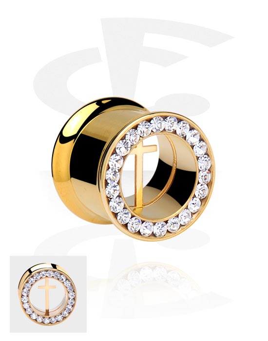 Tunnels & Plugs, Double flared tunnel (surgical steel, gold, shiny finish) with cross design and crystal stones, Gold Plated Surgical Steel 316L
