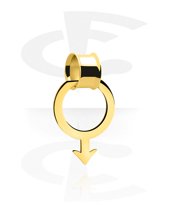 Tunnel & Plug, Double flared tunnel (acciaio chirurgico, oro) con pendente con design simbolo di marte, Acciaio chirurgico 316L con placcatura in oro