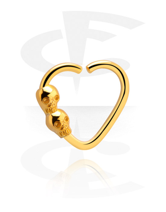 Piercing ad anello, Continuous ring a cuore (acciaio chirurgico, oro, finitura lucida) con teschi, Acciaio chirurgico 316L con placcatura in oro