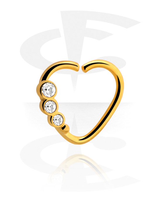 Piercingringen, Hartvormige doorlopende ring (chirurgisch staal, goud, glanzende afwerking) met kristalsteentjes, Verguld chirurgisch staal 316L