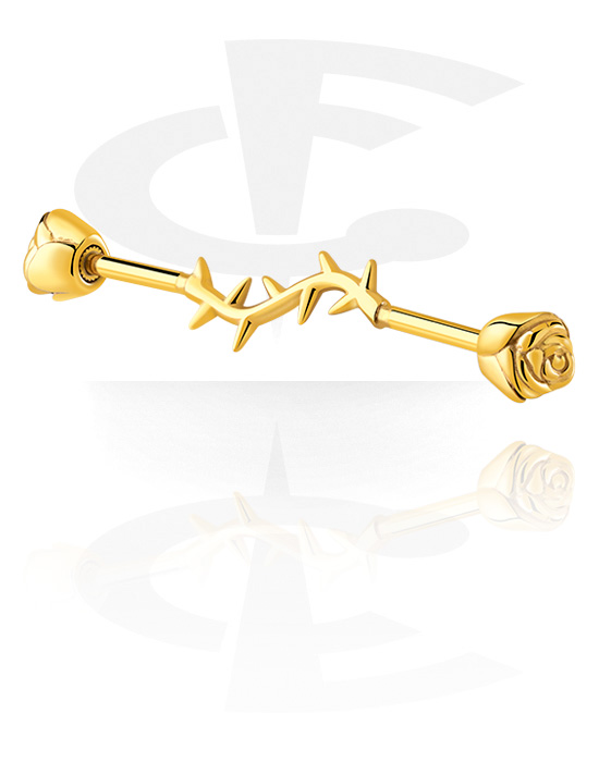 Barbells, Industrial Barbell with rose design, Gold Plated Surgical Steel 316L