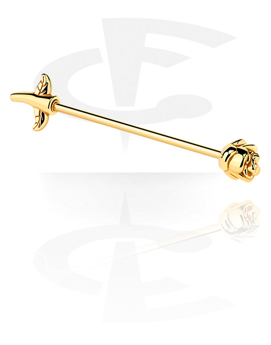 Barbells, Industrial Barbell with rose design, Gold Plated Surgical Steel 316L