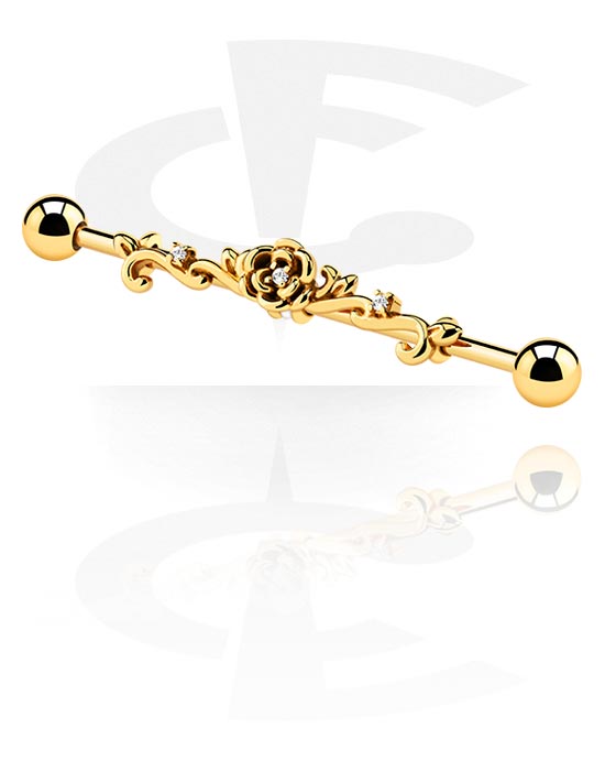 Barbells, Industrial Barbell with rose attachment and crystal stones, Gold Plated Surgical Steel 316L