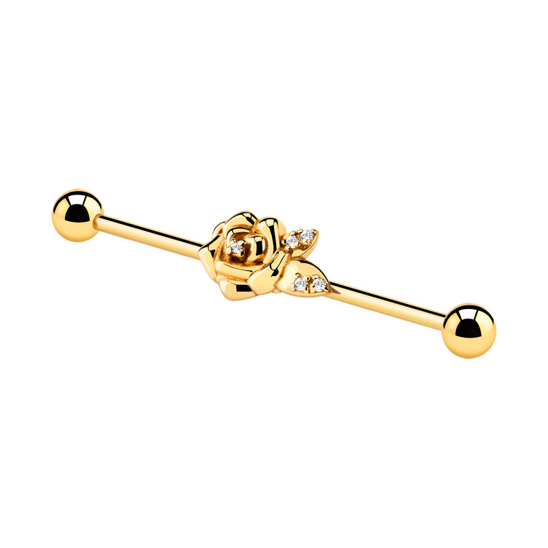Barbell industriel avec accessoire rose et pierres en cristal Acier chirugical 316L / Plaqué or Barres