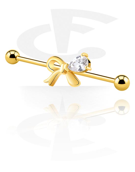 Barbells, Industrial Barbell with bow design and crystal stones, Gold Plated Surgical Steel 316L