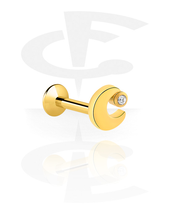 Labrets, Internally Threaded Labret with Half moon design and crystal stone, Gold Plated Surgical Steel 316L