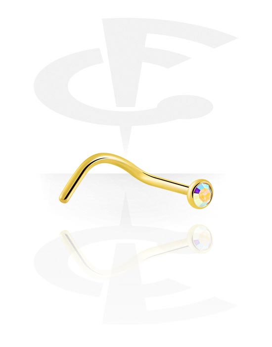 Næsesmykker og septums, Buet næsestud (kirurgisk stål, guld, blank finish) med Krystalsten, Forgyldt kirurgisk stål 316L