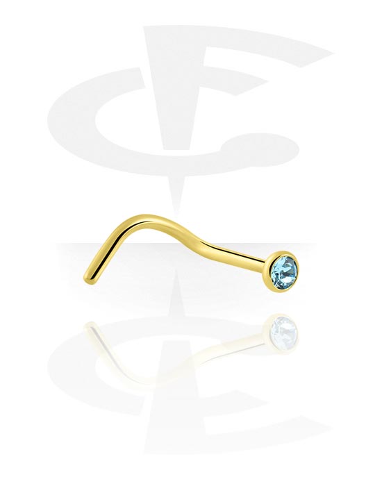 Nose Jewelry & Septums, Curved nose stud (surgical steel, gold, shiny finish) with crystal stone, Gold Plated Surgical Steel 316L