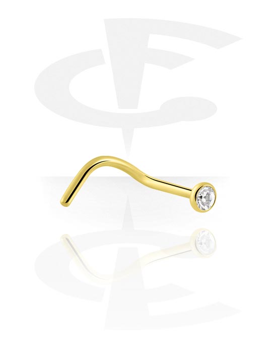 Nosovky a kroužky do nosu, Zahnutá nosovka (chirurgická ocel, zlatá, lesklý povrch) s krystalovým kamínkem, Pozlacená chirurgická ocel 316L