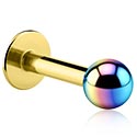 Labrets, Labret (surgical steel, gold, shiny finish) avec boule anodisée, Acier chirugical 316L ,  Plaqué or ,  Acier chirurgical 316L