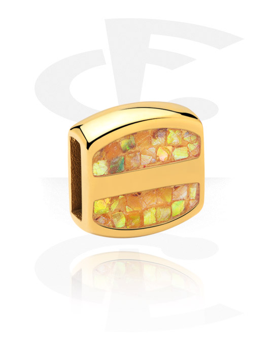 Flatbead, Perlina piatta per bracciale Flat-Bread con intarsio madre perla, Acciaio chirurgico 316L con placcatura in oro