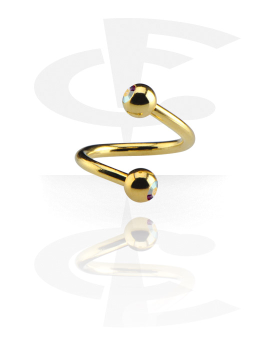 Spirales, Spirale avec boule avec pierre en cristal, Acier chirugical 316L ,  Plaqué or