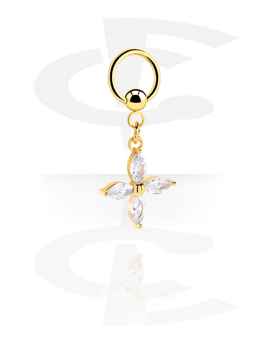 Piercing Rings, Ball closure ring (surgical steel, gold, shiny finish) with crystal stones, Gold Plated Surgical Steel 316L