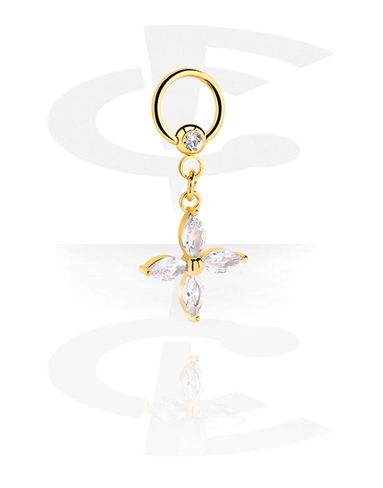 Piercing Rings, Ball closure ring (surgical steel, gold, shiny finish) with crystal stone and charm, Gold Plated Surgical Steel 316L