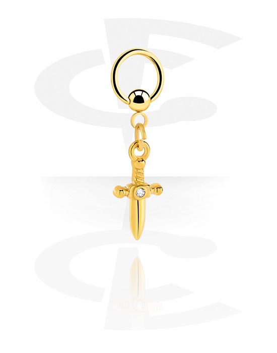 Anéis piercing, Ball closure ring (aço cirúrgico, ouro, brilhante) com pedra de cristal e pendente, Aço cirúrgico 316L banhado a ouro