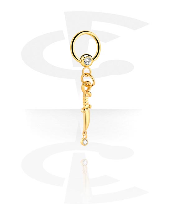 Anéis piercing, Ball closure ring (aço cirúrgico, ouro, brilhante) com pedra de cristal e pendente, Aço cirúrgico 316L banhado a ouro